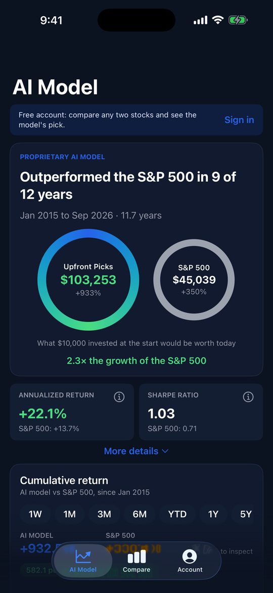 The AI Model screen in the Upfront Investment app